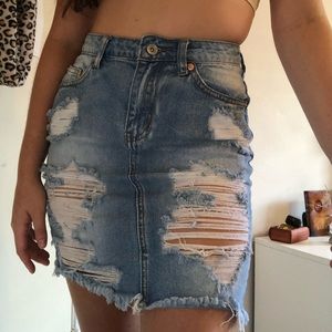 distressed denim mini skirt